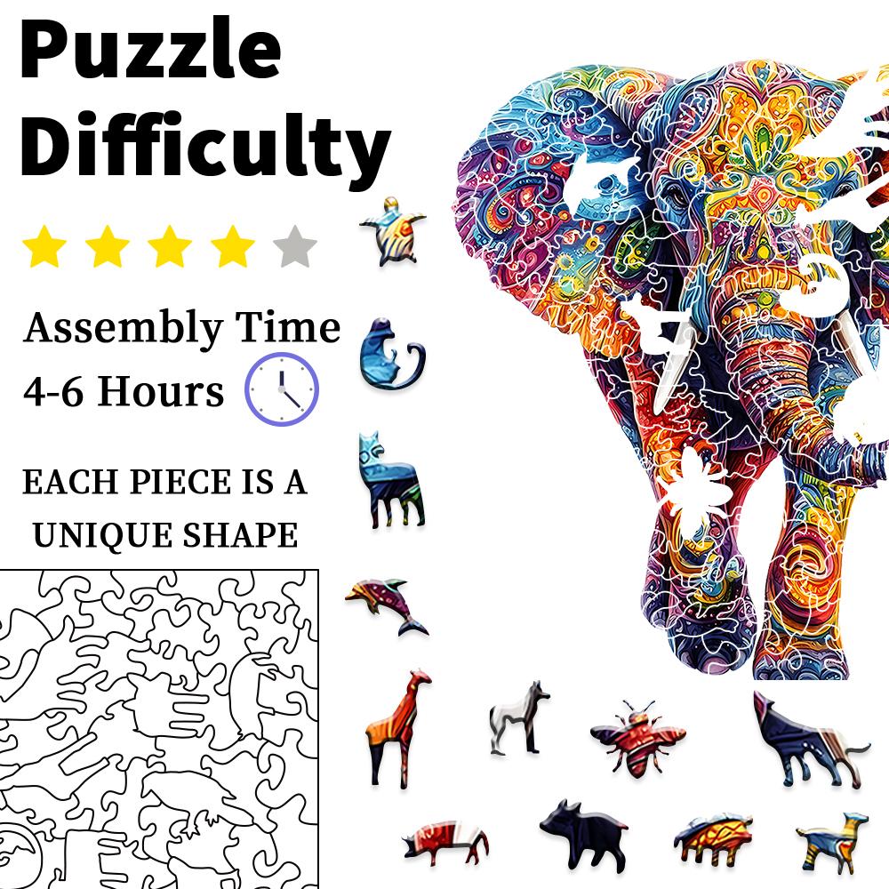 "Elephant Wooden Puzzle | Irregular Shapes & Mixed Colors • Family & Party Game • Focus Training Toy for Boys & Girls • Perfect