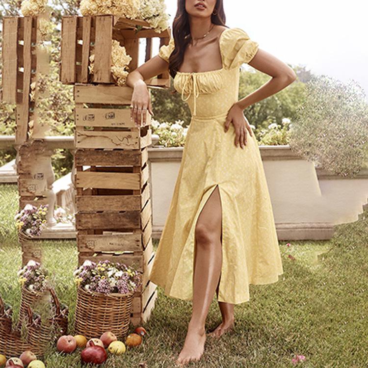 2026 Spring Women's Elegant Floral Slit Lace-up Dress - European & American Style