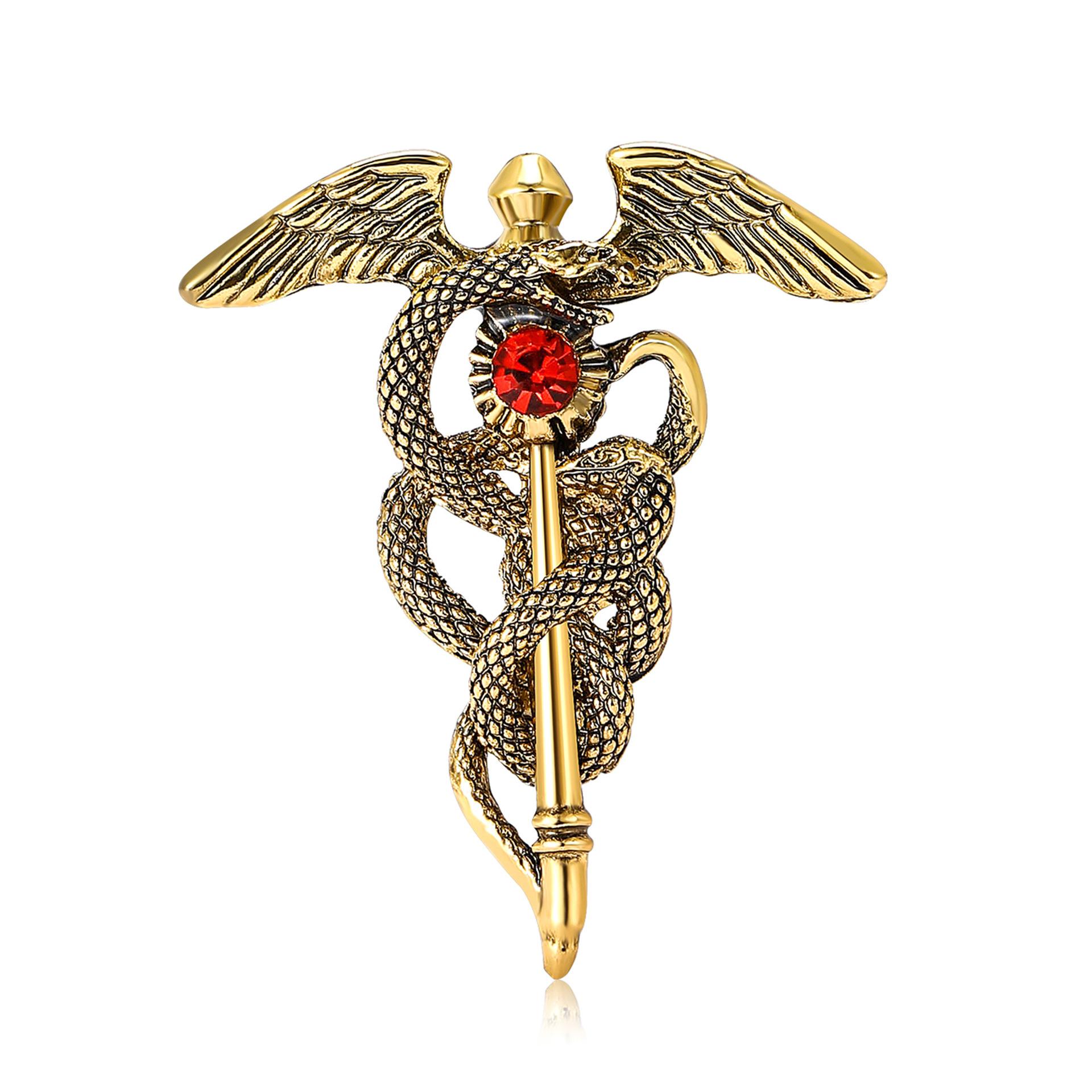 

Винтажный сплав брошь в виде ангельских крыльев и посоха в виде змеи, новый креативный аксессуар для груди с цветком золотой