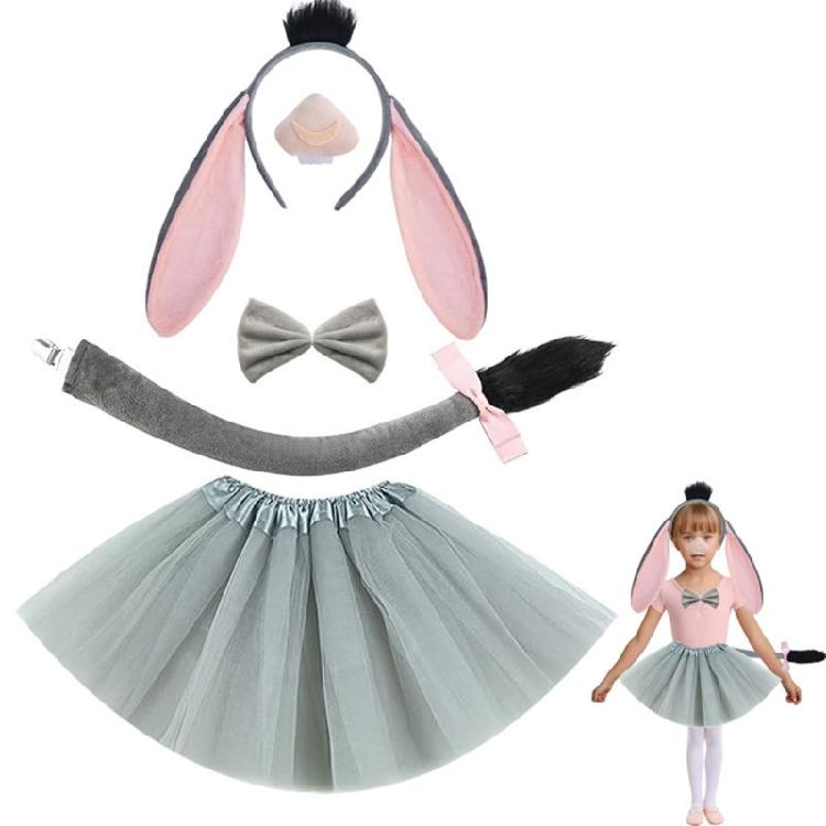 Donkey Ear Headband Tail Bowtie Skirt Nose with Teeth Halloween Donkey Animal Outfit Accessory for Kids Boy Girl Cosplay