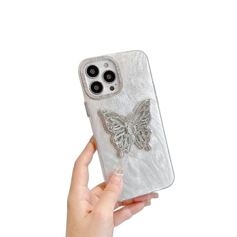 Suitable for Spring and Summer Iphone15 Protective Case Electroplated Frame Feather Yarn Xr Butterfly Bracket 11 Women 14 Apple 13 Mobile Phone Case