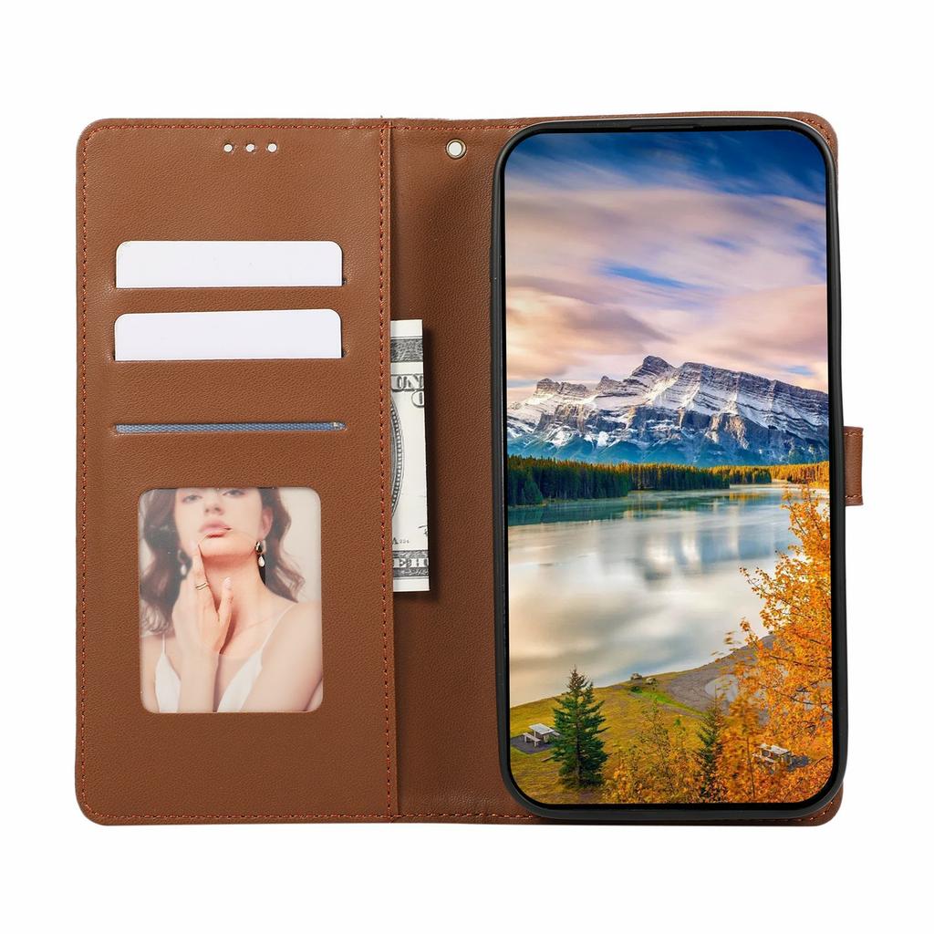For iPhone 17 Case Splicing Imprinted Rhombus Leather Phone Cover with Wrist Strap