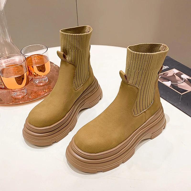 Women Chelsea Boots Autumn New Black Mid Ankle Platform Lady Shoes Female All Match Classic Concise Fashion Round Toe Boots