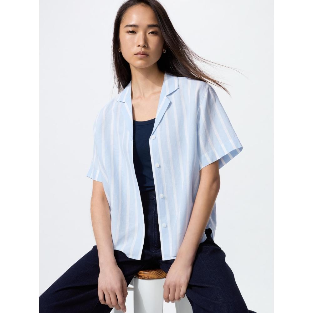 Uniqlo Linen Blend Open Collar Shirt  Short Sleeve  Stripe