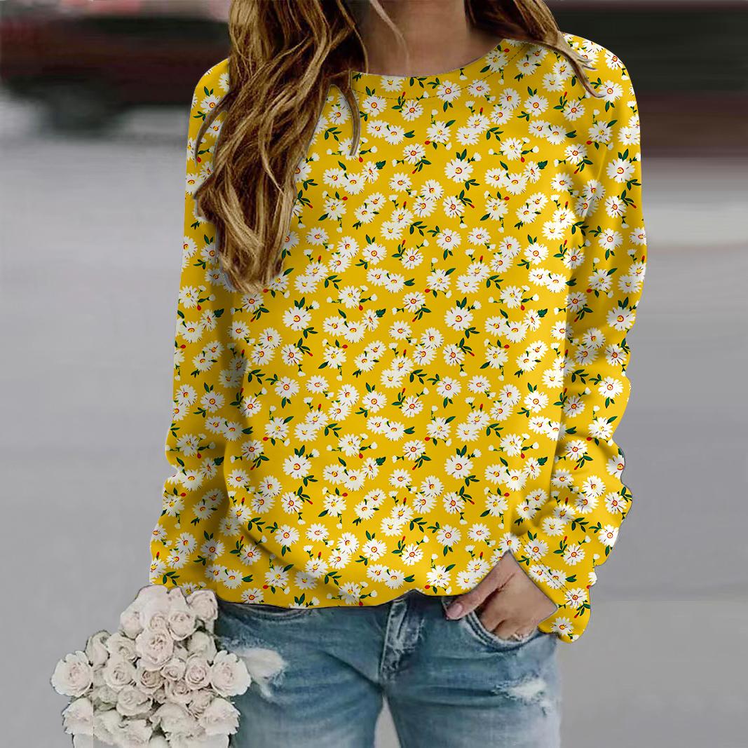 

Осенняя женская мода с круглым вырезом и длинным рукавом, свободная одежда, розовые цветы, принт, футболка для девочек, уличная одежда 8XL жёлтый