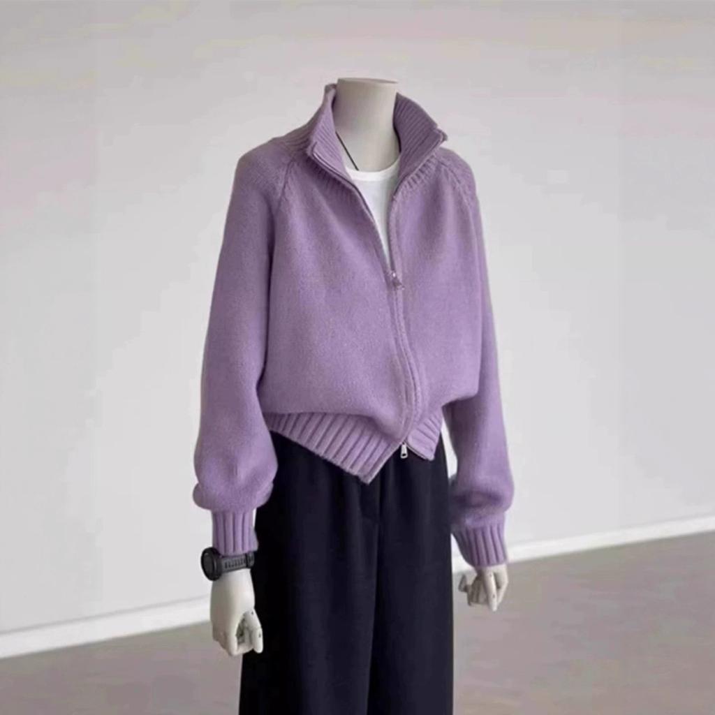 Lazy Wind Double Zipper Sweater Jacket Women's Autumn and Winter New Small Thickened Loose High Neck Knitted Cardigan