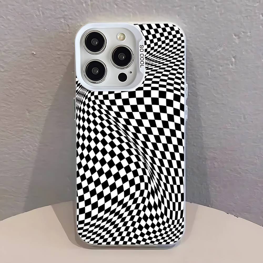 Black white Checkered  Phone Case For iPhone 17,16,13,12,11,15,14,Pro,Max,Plus,SE4,Air,Mini White IMD Matte