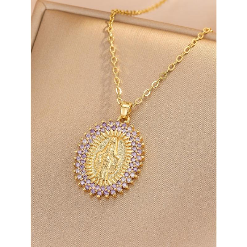 Fashionable and Simple Copper-inlaid Micro-color Virgin Mary Pendant Necklace for Women