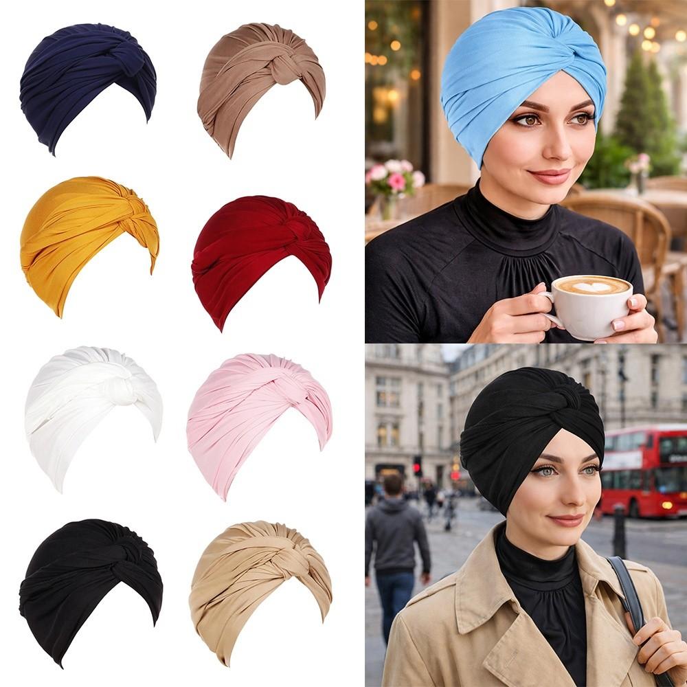 New Vintage Hijab Caps Wrap Style Elastic Islamic Headband Soft Polyester Breathable Twist Knot Turban Hat Women Headwear