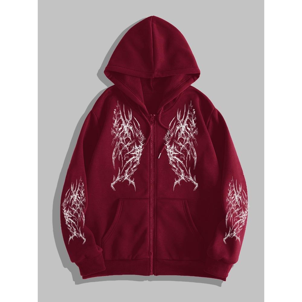 Y2K Gothic Dunkler Print Reißverschluss Hoodie, Modischer Streetwear Reißverschluss Hoodie, Geeignet für Freizeit Anlässe