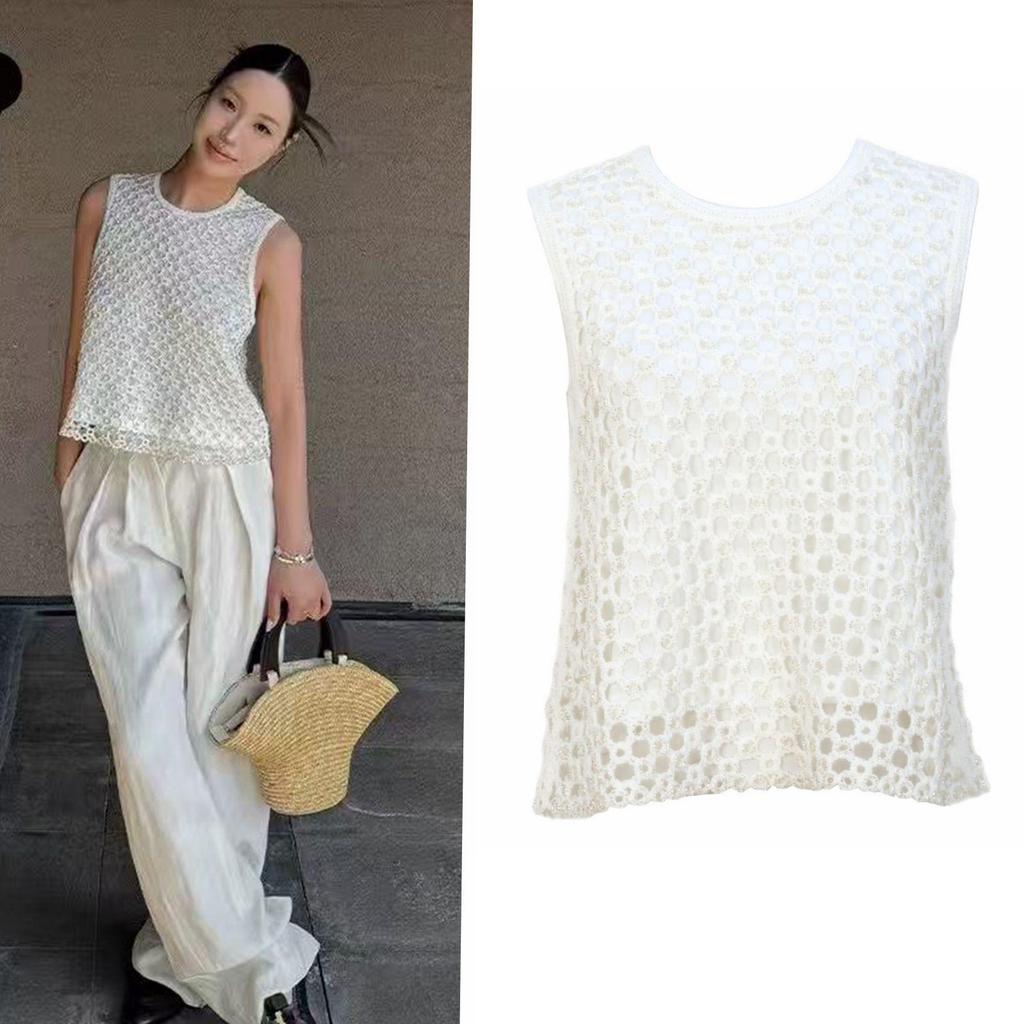 French Style Sleeveless White Knit Vest with Studded Detailing for Women