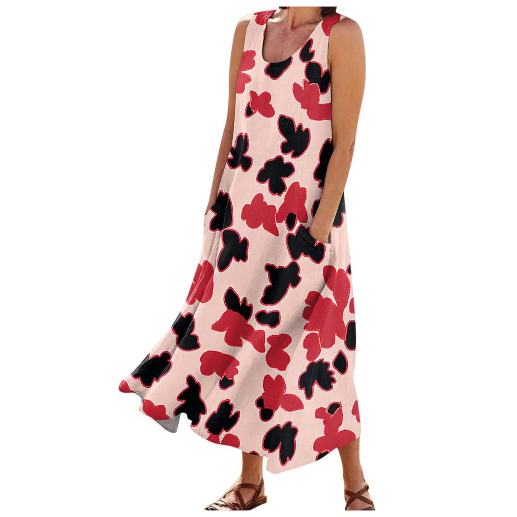 Damenmode Sommer Lässig Ärmellos Floral Bedruckt Kleine Tasche Kleider