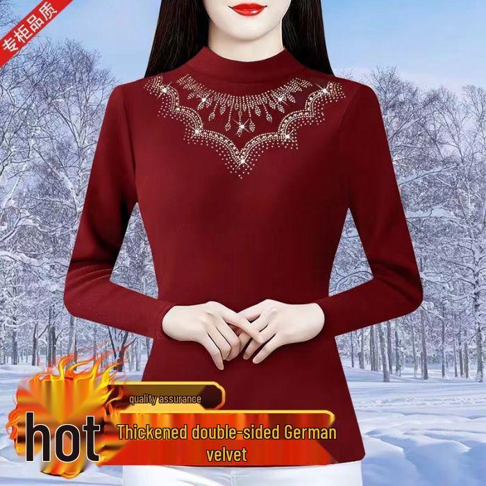 

2024 Осень/Зима Женский Премиальный Топ Базового Слоя Облегающего Кроя Однотонный с Горячей Стразой 4XL