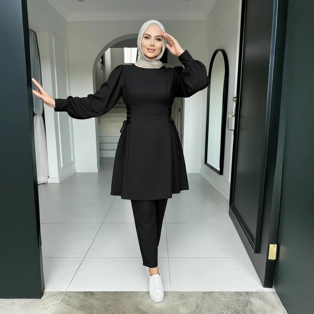 Women's Solid Color Two-Piece Set: Fashionable Top & Pants for Middle Eastern Style