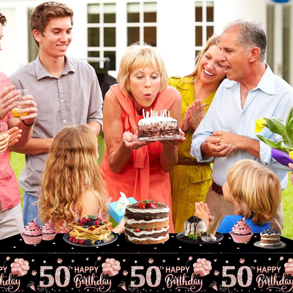 3 Pack Rose Gold Happy 50th Birthday Tablecloth Decorations - Fifty Years Old Plastic Disposable Rectangular Table Cover Party Supplies