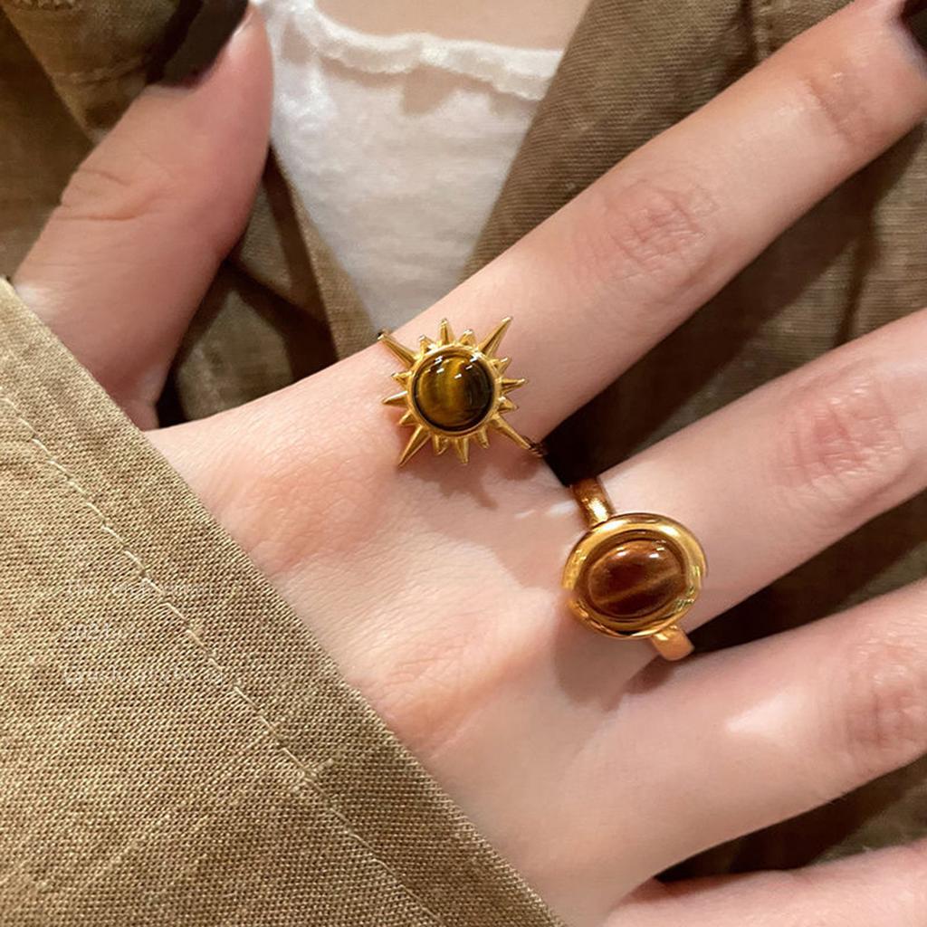 Retro Brown Geometric Tigers Eye Stone Ring Adjustable Size Ring Holiday Jewelry Accessories for Fashionable Women