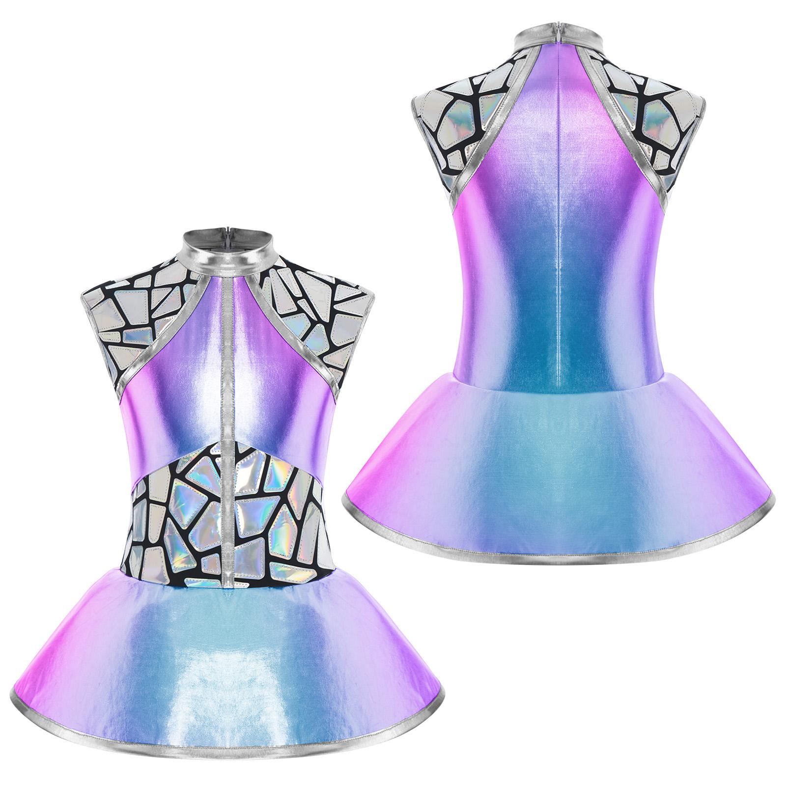 Costume Cosplay Halloween Fille Brillant Alien Espace Extérieur Sans Manches Col Montant Zippé Robe Tutu Danse pour Fête Monde Futuriste 6 bleu