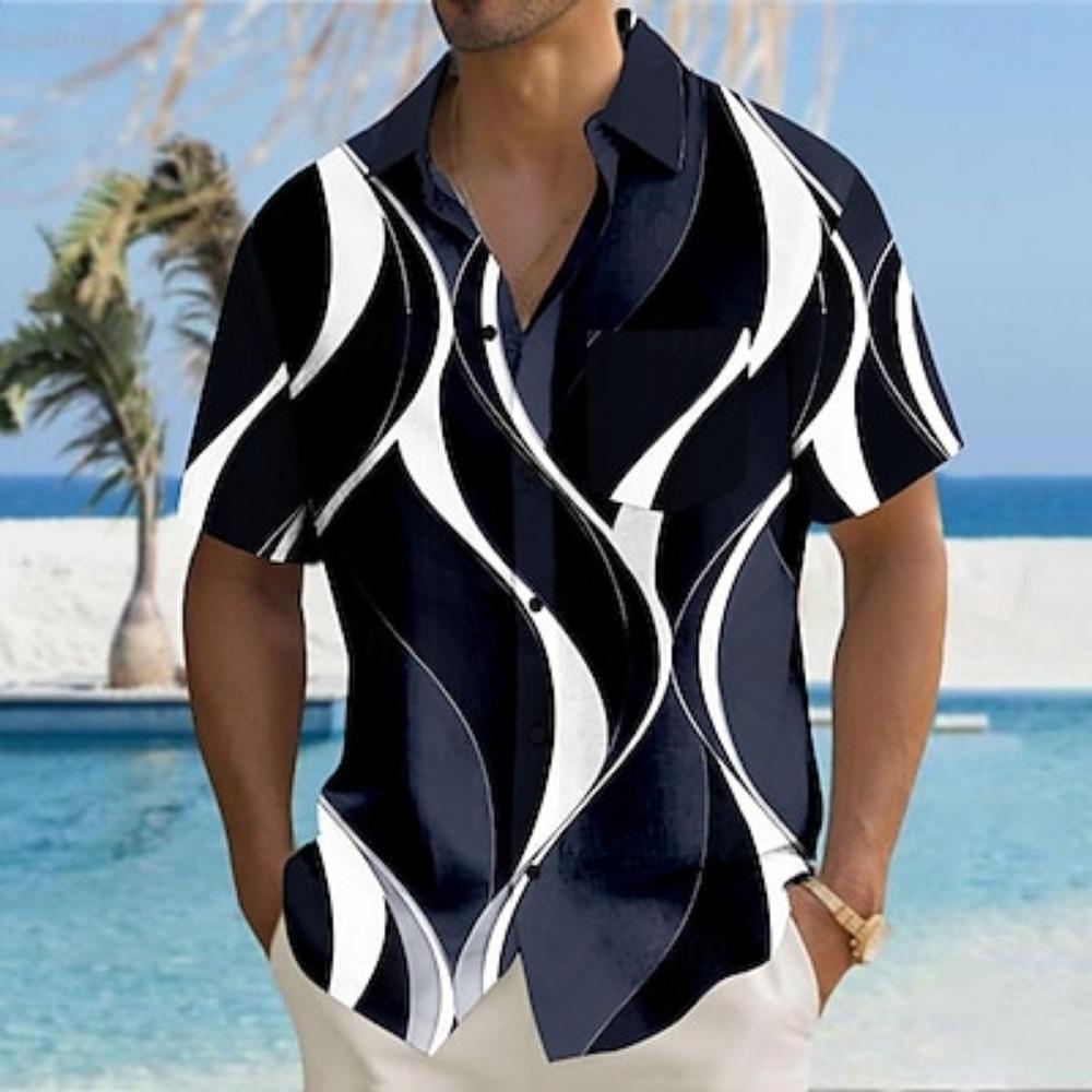 

Мужская рубашка с геометрическим рисунком в виде линий/волн на пуговицах, повседневная летняя рубашка с коротким рукавом для отпуска на Гавайях S