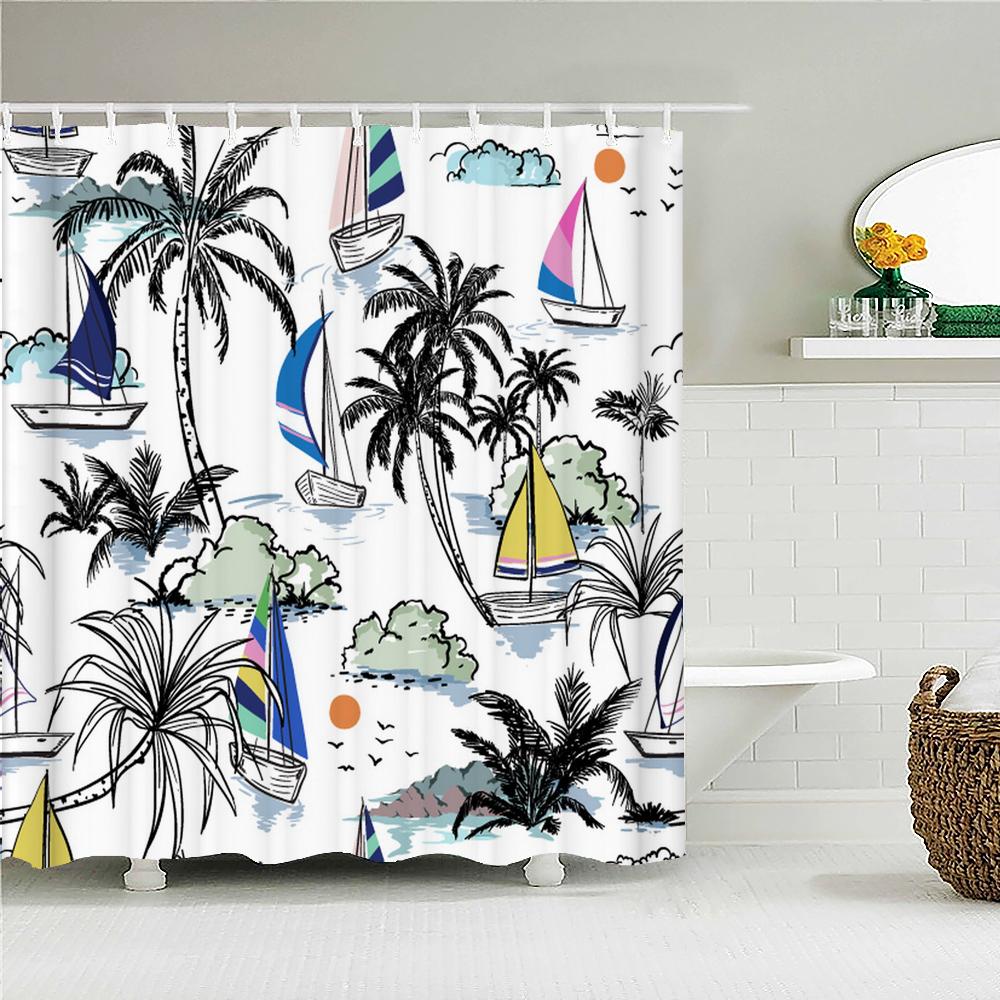 Sonnenlicht Strand Wasserdichtes Stoff Duschvorhänge 3D Druck Palme Badezimmervorhang Für Badezimmer Badewanne Dekoration Mit Haken
