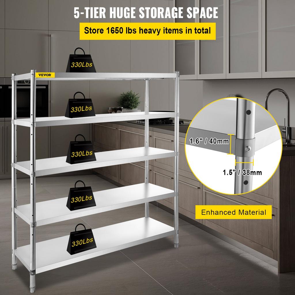 VEVOR Storage Shelf, 5-Tier Storage Shelving Unit, Stainless Steel Garage Shelf, 180.1 x 45 x 180.1 cm Heavy Duty Storage Shelving