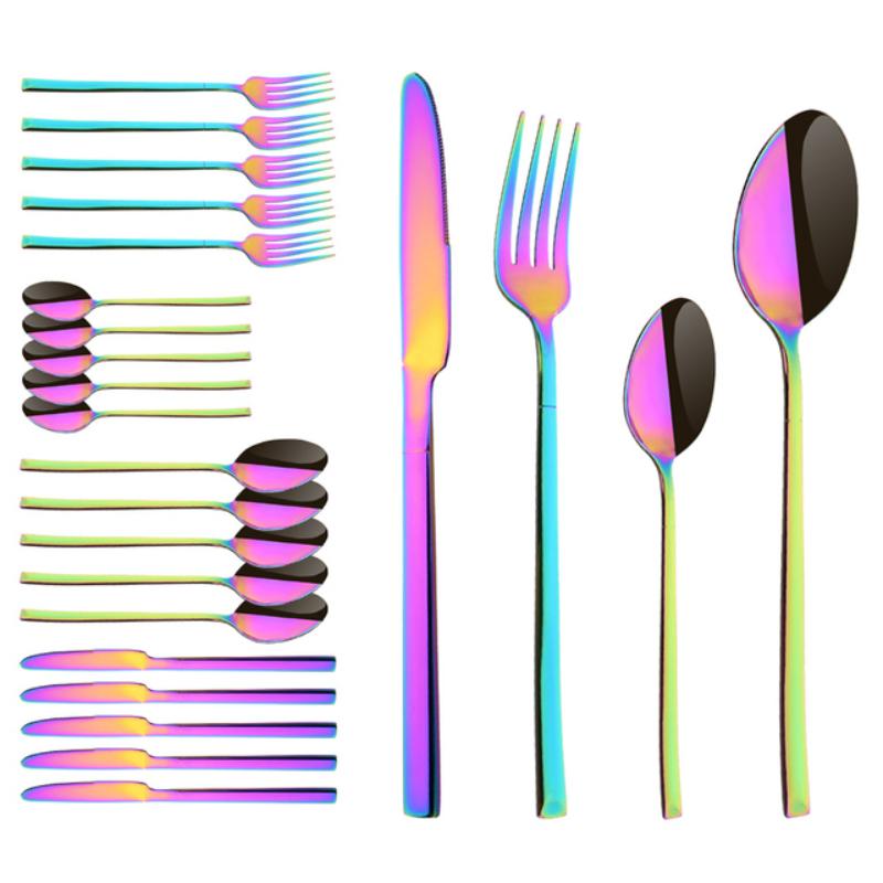 24 ks Moderní jídelní sada Nerezová sada nádobí Modrá Zlatá Nůž Vidlička Lžíce Čajová lžička Kuchyňská sada příborů