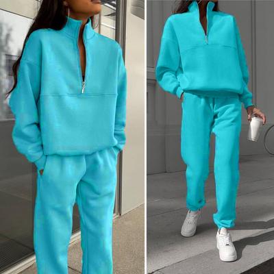 2 Pcs/Set Women Top Pants Set Half Zipper High Collar Long Sleeve Thickened