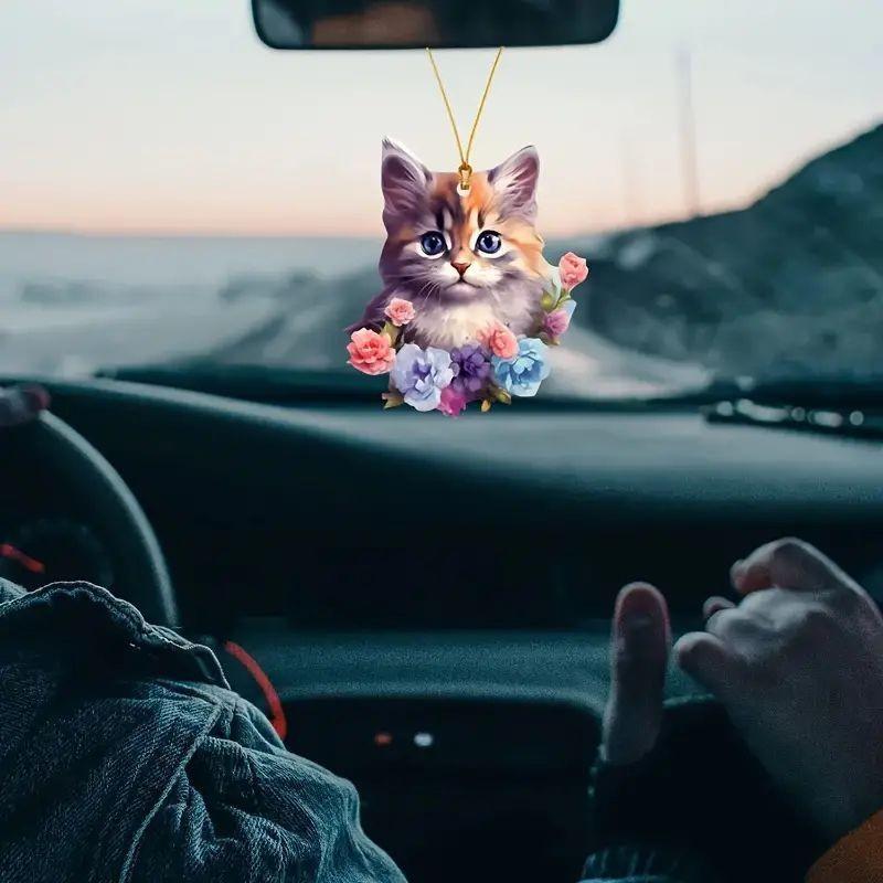 Cute Cartoon Acrylic Cat Flower Pendant Ideal For Car Decoration Accessories