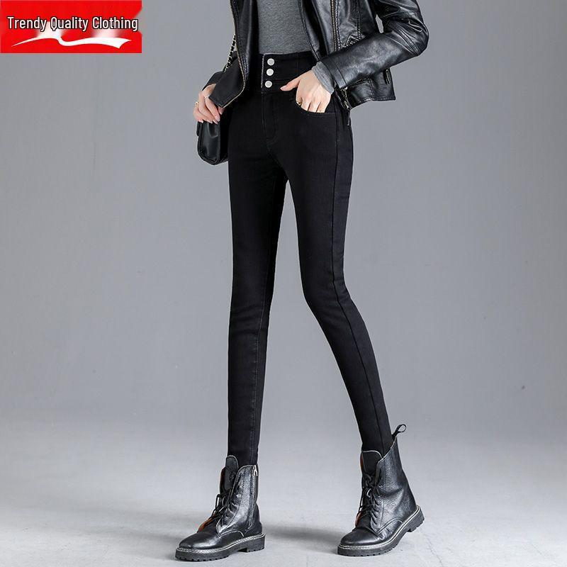 2025 Women's Slim Fit High Waist Stretch Jeans - Plus Velvet, Thickened, Warm, Pencil Cut for Autumn/Winter
