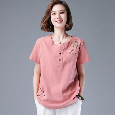 Artistic Short Sleeved T-shirt for Women's Summer Pure Cotton Korean Version Loose Cotton Linen Embroidered T-shirt Top