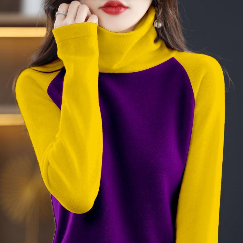 Autumn Women's Knitted Sweater Thin Long Sleeve Turtleneck Loose Knitted Bottom Shirt  Pullover Color-blocked Knit Top