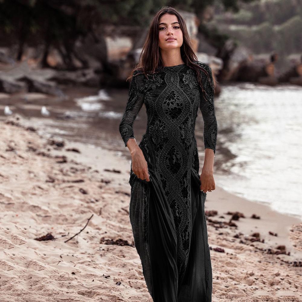 2025 Spring European & American Women's Celebrity Banquet Wedding Dress - Round Neck, Long Sleeve, Printed, Backless Lace