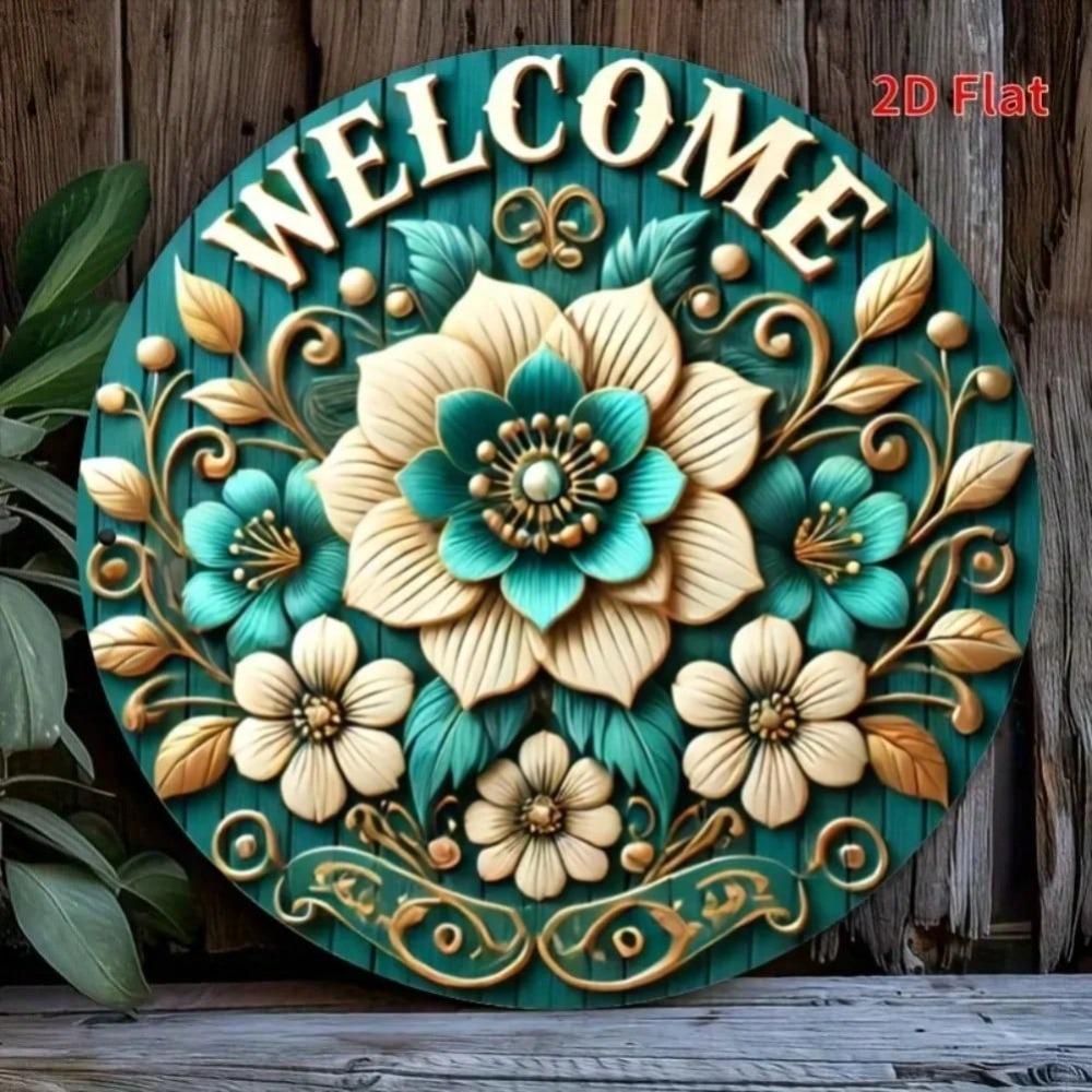 Aluminum Welcome Sign Floral Teal White Round Waterproof Wall Decor Door Hanger