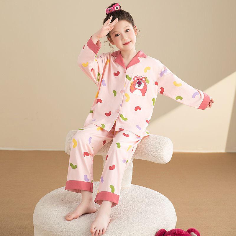 Girls' Spring/Autumn Cartoon Pajama Set: Stylish Cardigan, Thin Long Sleeve, Long Pants, Loose Fit, Cute & Cozy Home Wear