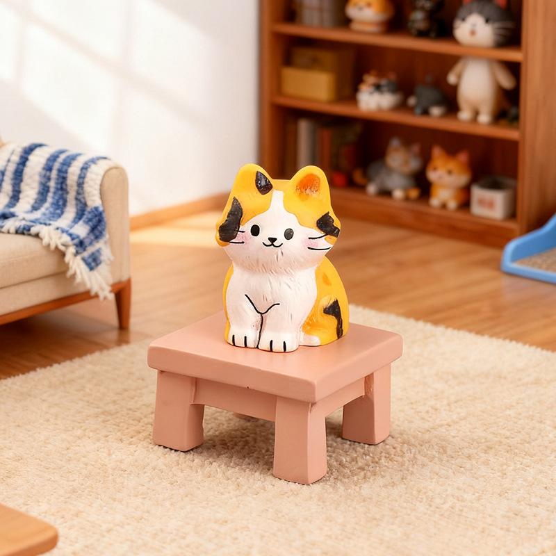 

Cute Resin Cat Miniature Decorative Figurines Micro Landscape Dollhouse Model Kitten Ornaments Gifts Home Decoration Accessories No stool
