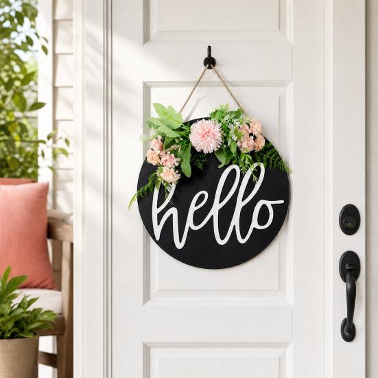 Welcome Sign, with Flower Decor Wear-Resistant Wreath, Front Door Welcome Wreath for Family Friends Co-Workers Garden Balcony
