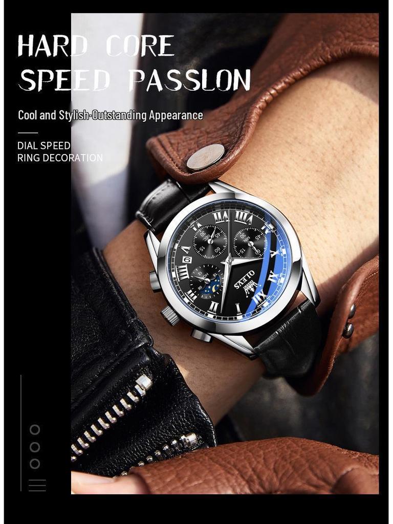 Oulishi Men's Waterproof Luminous Chronograph Quartz Watch with Three-Eye, Six-Hand Design.