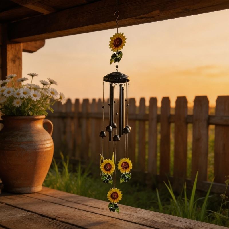 Outdoor Wind Piece Hanging Item with Flower Theme, Metal Top Hook Use for Porch Yard Gardens Display Near Entryway Seating, 35.4 X 4.33 Inches