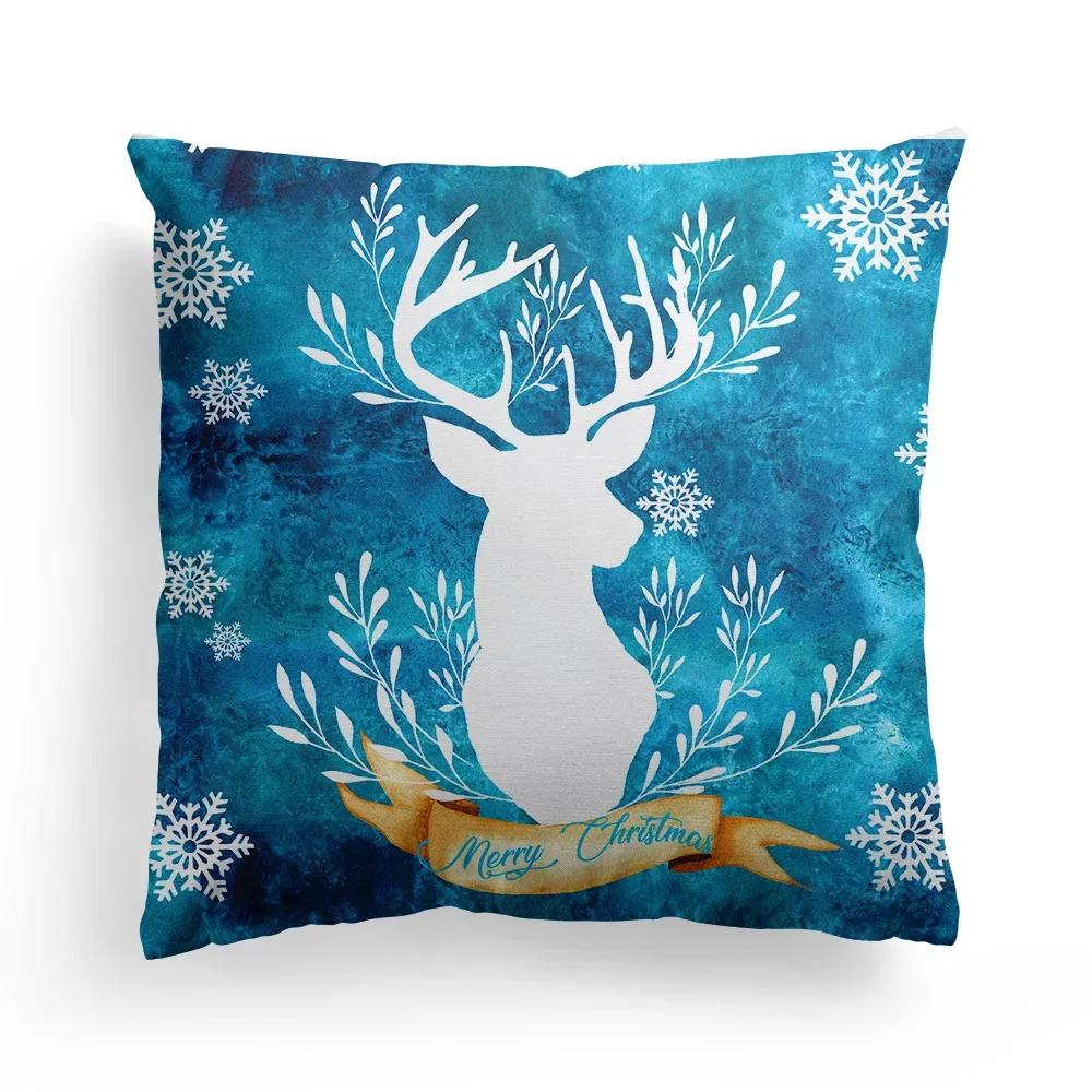 Home Decoration Christmas Blue Elk Plant Pillow House Polyester Cushion Cushion Decoración Navideña Funda De Almohada