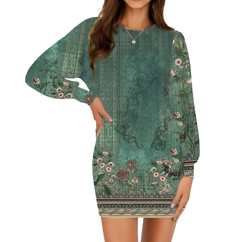 Damenmode Lässiges Rundhals Langarmkleid