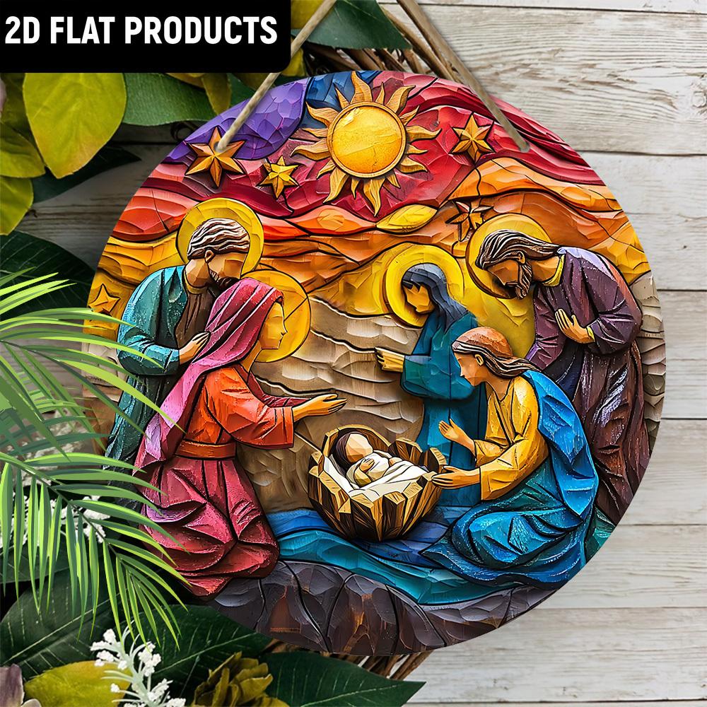 Wooden Christ Decor Wood Round Sign -The Birth of Jesus, The Sculptural Style of Gorgeous Colors -for Door, Wall, Home, Room, Farmhouse, Street, Shop