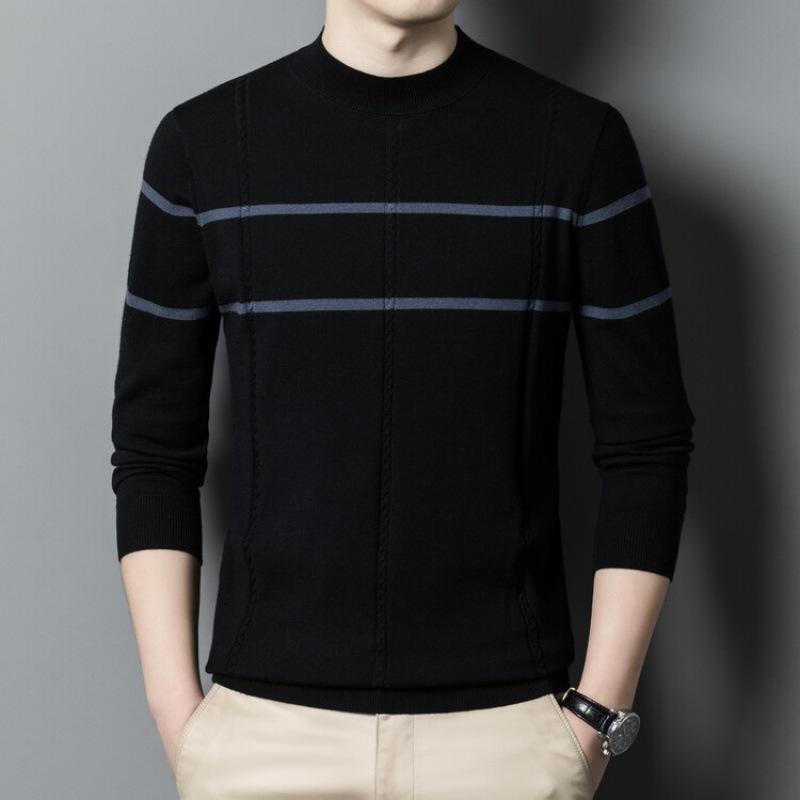 Neuer Wollpullover für Herren aus reiner Wolle, langärmelig, halbhoher Kragen, gestreifter Pullover mit Bodenbildung, Pullover mit Kammgarnmuster, Flut