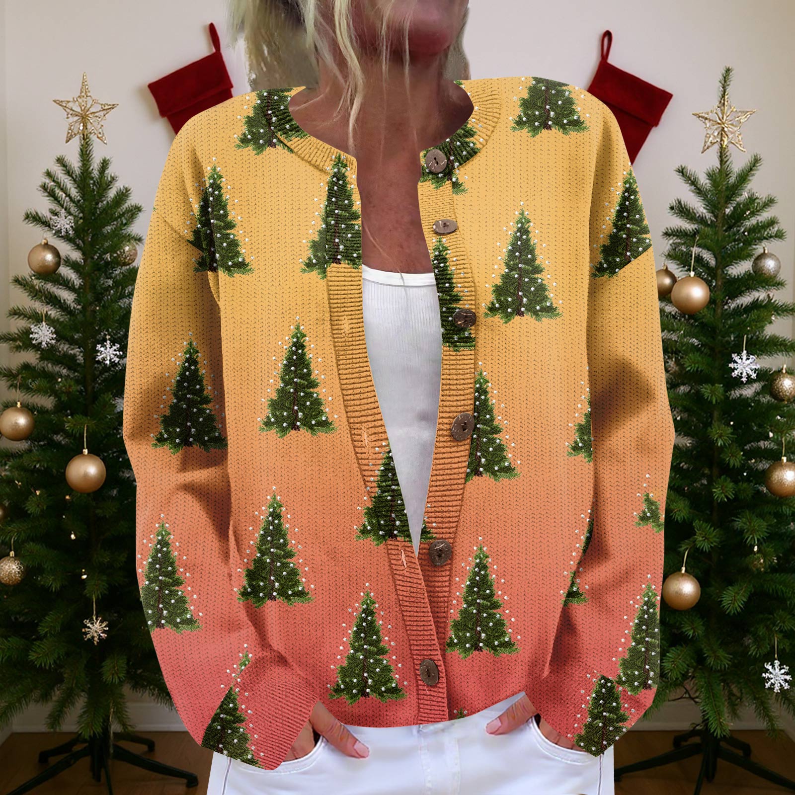 

Жіночий кардиган з довгим рукавом, легкий, веселий різдвяний принт XL жовтий