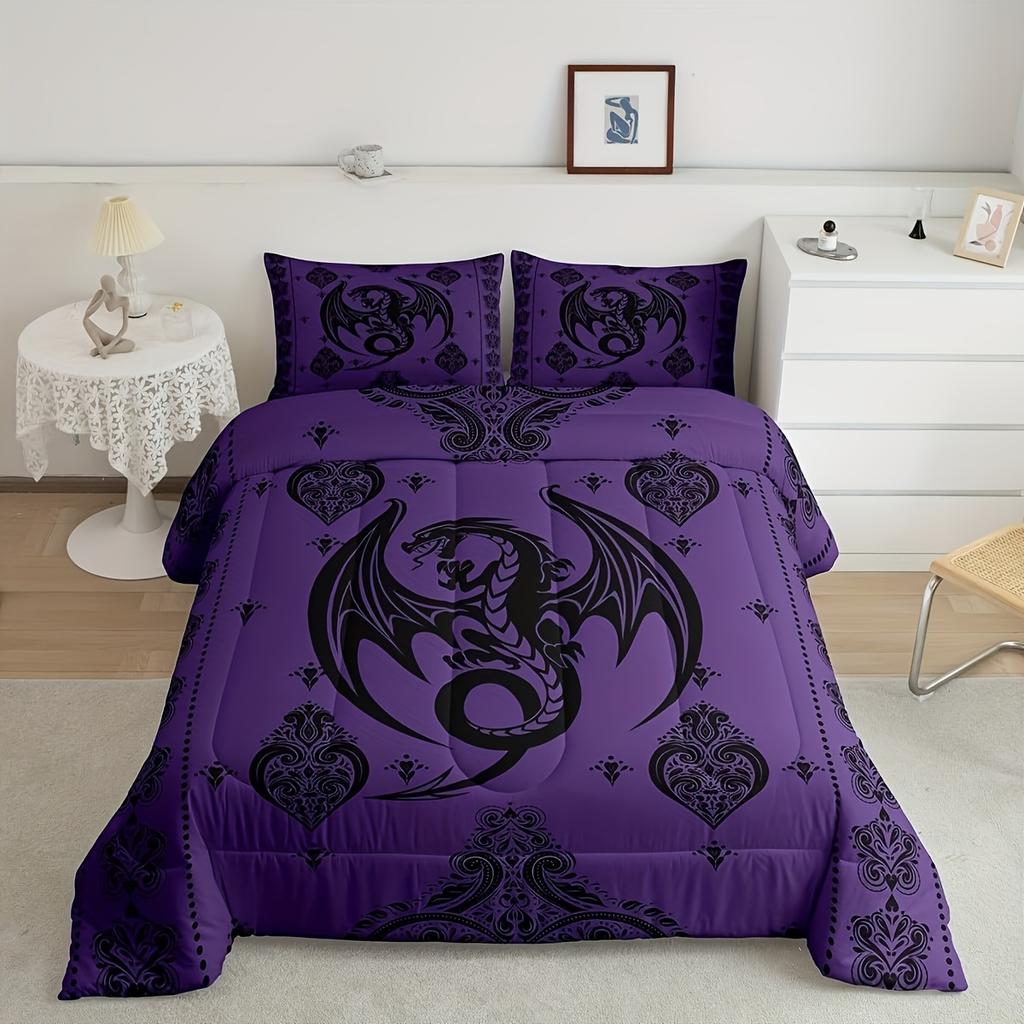 3pcs Purple Black Dragon Comforter Set Queen Size Vintage Boho Floral Print Bedding Set Paisley Pattern Quilt Set