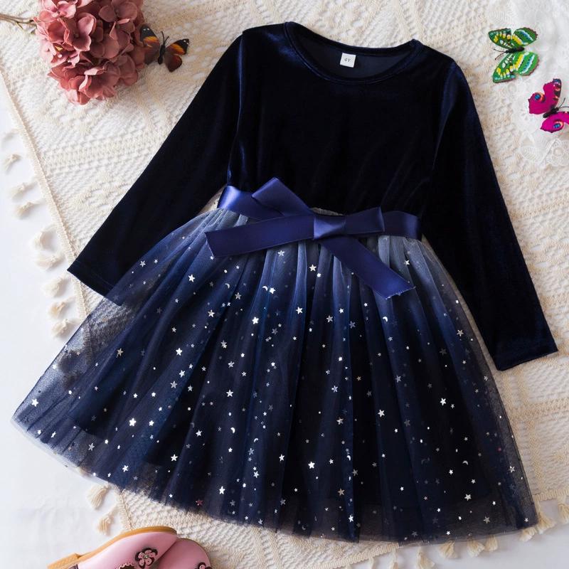 

Autumn Winter Girls Long Sleeve Dress Velvet Patchwork Stars Gradient Mesh Princess Dress Christmas Red Party Evening Gowns 3Y темно-синього кольору