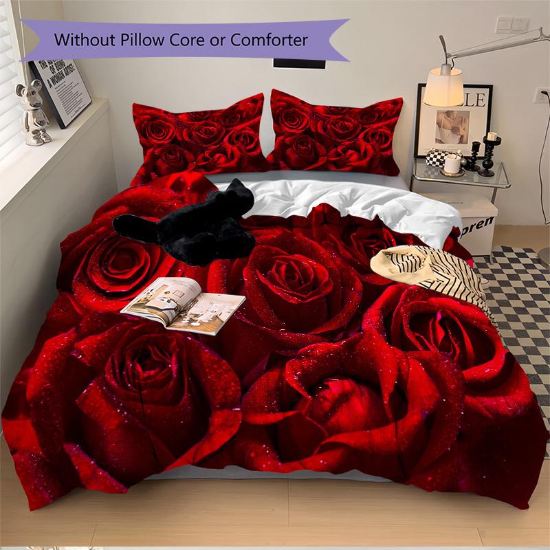 3pcs Rose Petal Bedding Set Down Comforter Cover and Pillowcases, Suitable for Guest Room Home Decoration All Seasons(No Insert) S0819069
