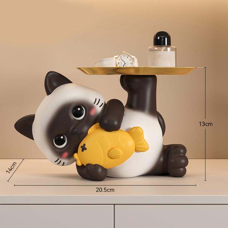 Multifunctional Resin Siamese Cats Statue Desktop Ornament for Key Storage Tray Decorative Display and Housewarming Gift