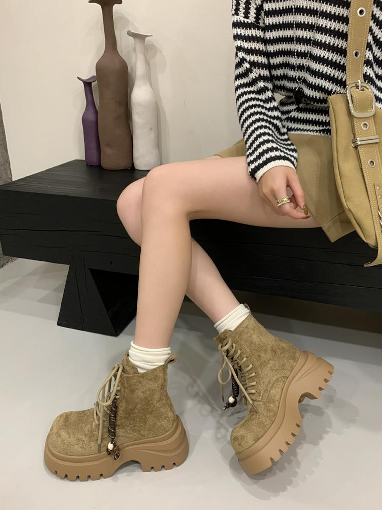 Thick-soled Temperament Martin Boots Women's 2025 New Autumn British Style Lace-up Short Boots Small Height-increasing Boots
