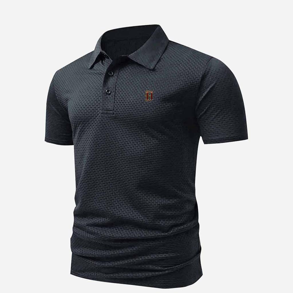 Men's Quick-Dry Waffle Letter H Print Business Casual Golf Polo Shirt