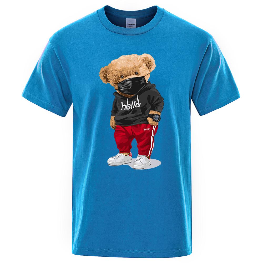 100% Cotton Sports Mask Bear Print Short-sleeved T-shirt male Half-sleeved Summer Casual Oversized T-shirt men Shirt S-3XL