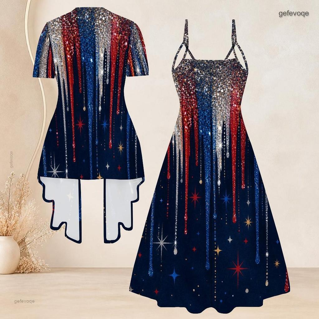 Women Plus Size Two Piece Set Short Sleeve Cardigan V Neck Strappy Star Printed Red Blue White Flared Dress